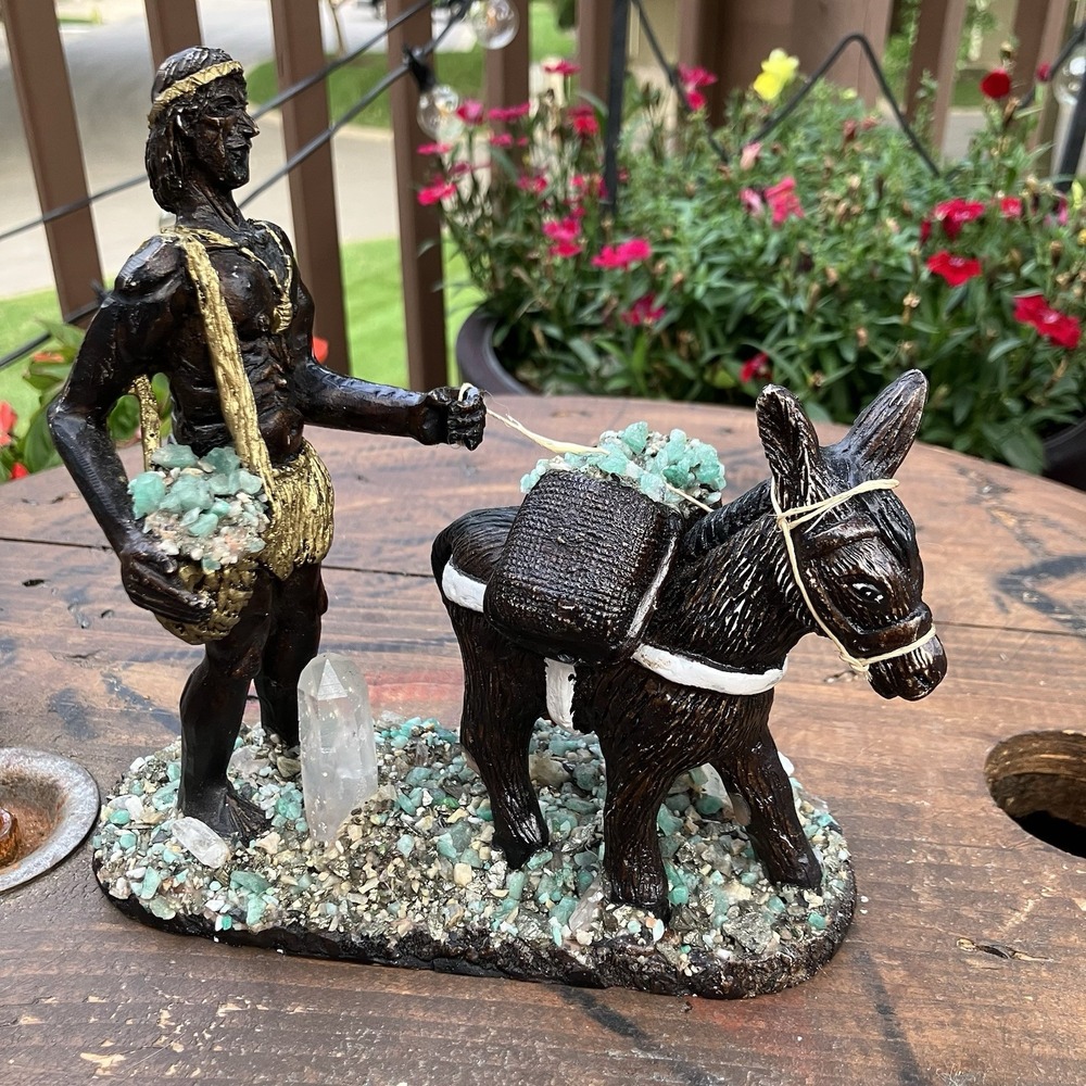 Vintage Mayan Incan Aztec Man and Donkey Statue with Quartz Crystal and Jade